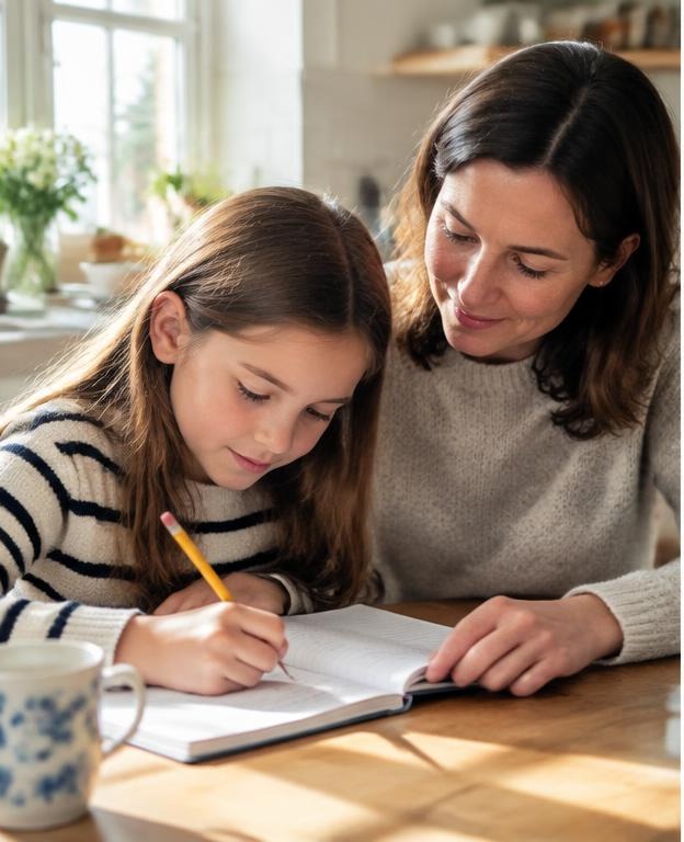 A child practising writing with a parent at the kitchen table