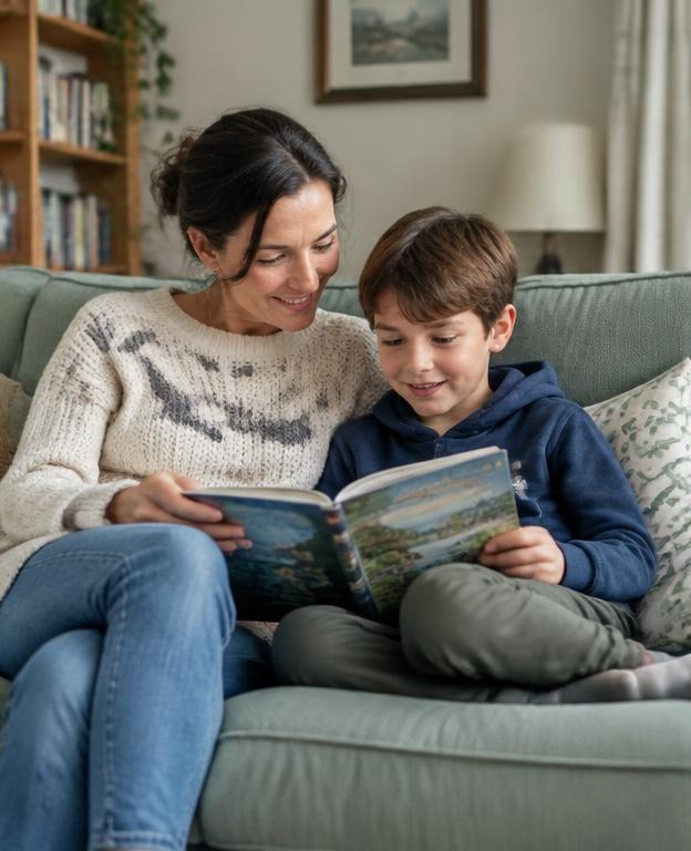 A mother and son sharing a book on a sofa