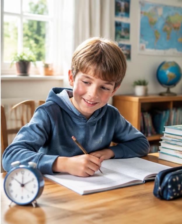 A smiling child writing beside a small clock
