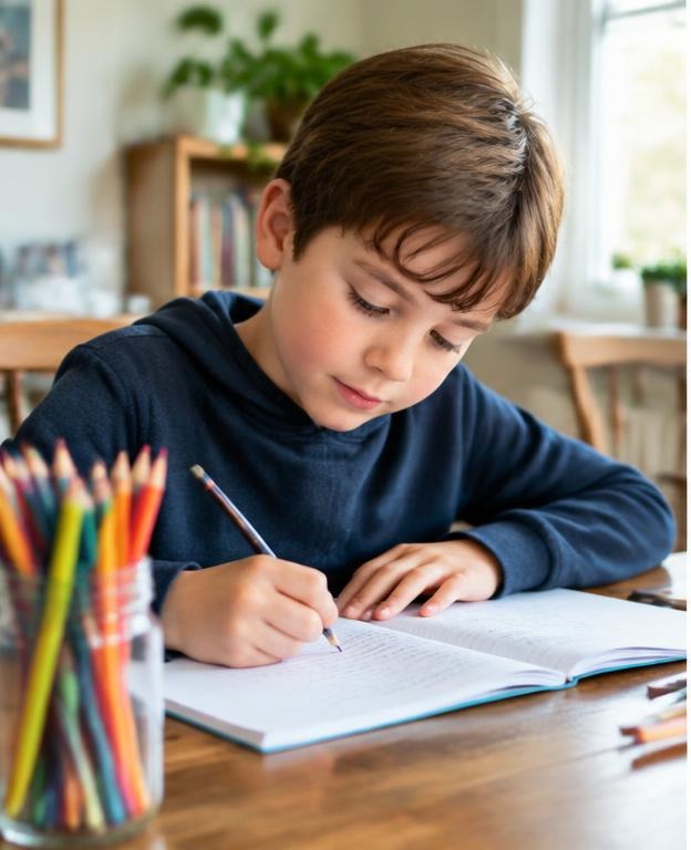 A boy writing in a notebook with colourful pencils nearby